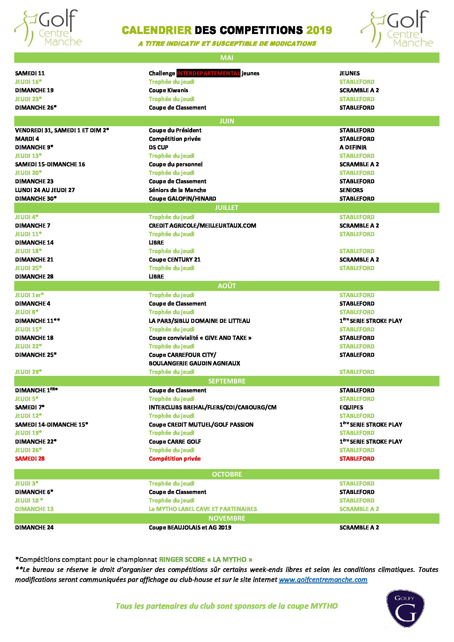 CALENDRIER DES COMPETITIONS 2019